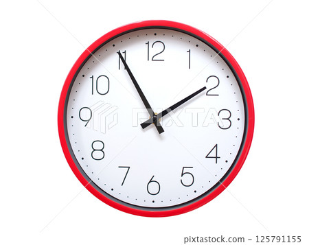 Minimalist red framed wall clock pointing at 01:55 or 13:55. Isolated on white background. Concept of time management. 125791155