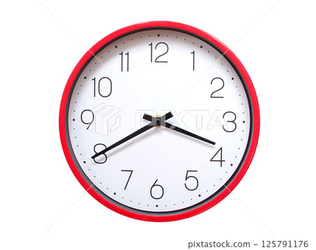 Minimalist red framed wall clock pointing at 03:40 or 15:40. Isolated on white background. Concept of time management. 125791176