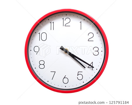 Minimalist red framed wall clock pointing at 04:20 or 16:20. Isolated on white background. Concept of time management. 125791184