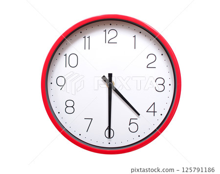 Minimalist red framed wall clock pointing at 04:30 or 16:30. Isolated on white background. Concept of time management. 125791186