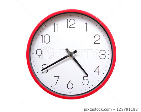 Minimalist red framed wall clock pointing at 04:40 or 16:40. Isolated on white background. Concept of time management. 125791188