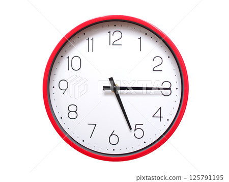 Minimalist red framed wall clock pointing at 05:15 or 17:15. Isolated on white background. Concept of time management. 125791195