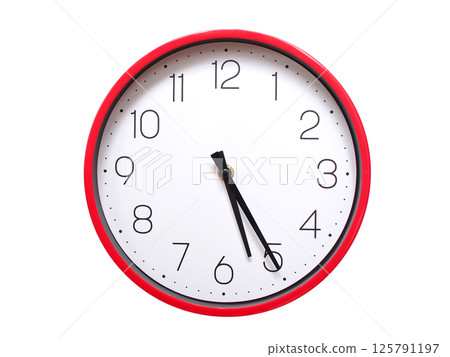 Minimalist red framed wall clock pointing at 05:25 or 17:25. Isolated on white background. Concept of time management. 125791197