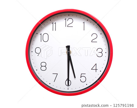 Minimalist red framed wall clock pointing at 05:30 or 17:30. Isolated on white background. Concept of time management. Minimalist red framed wall clock pointing at 05:30 or 17:30. Isolated on white background. Concept of time management. 125791198