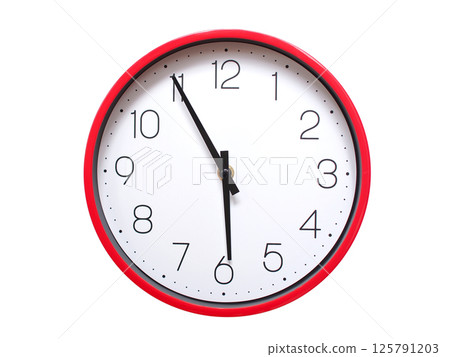 Minimalist red framed wall clock pointing at 05:55 or 17:55. Isolated on white background. Concept of time management. Minimalist red framed wall clock pointing at 05:55 or 17:55. Isolated on white background. Concept of time management. 125791203