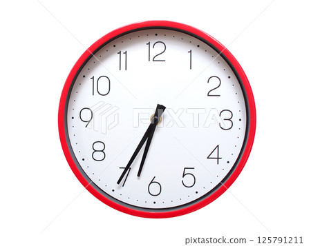 Minimalist red framed wall clock pointing at 06:35 or 18:35. Isolated on white background. Concept of time management. 125791211
