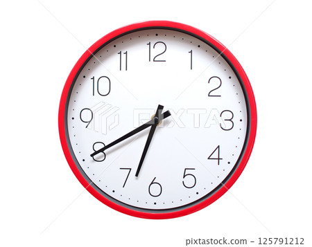 Minimalist red framed wall clock pointing at 06:40 or 18:40. Isolated on white background. Concept of time management. Minimalist red framed wall clock pointing at 06:40 or 18:40. Isolated on white background. Concept of time management. 125791212