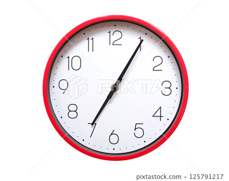 Minimalist red framed wall clock pointing at 07:05 or 19:05. Isolated on white background. Concept of time management. 125791217