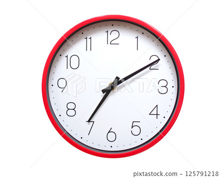 Minimalist red framed wall clock pointing at 07:10 or 19:10. Isolated on white background. Concept of time management. 125791218