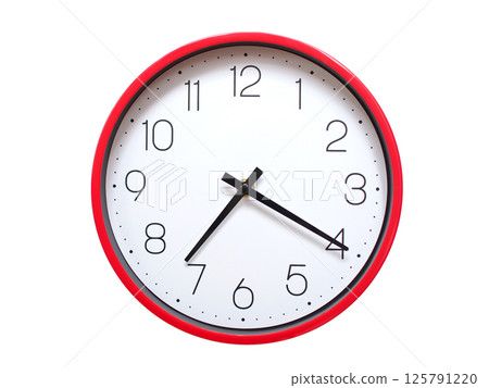 Minimalist red framed wall clock pointing at 07:20 or 19:20. Isolated on white background. Concept of time management. Minimalist red framed wall clock pointing at 07:20 or 19:20. Isolated on white background. Concept of time management. 125791220