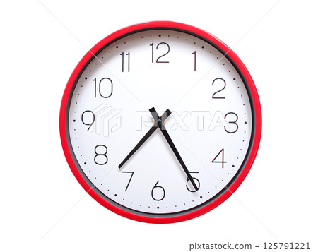 Minimalist red framed wall clock pointing at 07:25 or 19:25. Isolated on white background. Concept of time management. 125791221