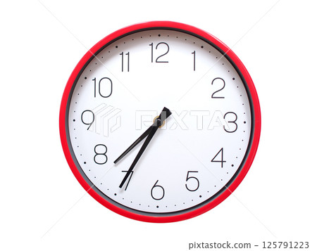 Minimalist red framed wall clock pointing at 07:35 or 19:35. Isolated on white background. Concept of time management. 125791223