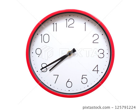 Minimalist red framed wall clock pointing at 07:40 or 19:40. Isolated on white background. Concept of time management. Minimalist red framed wall clock pointing at 07:40 or 19:40. Isolated on white background. Concept of time management. 125791224