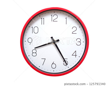 Minimalist red framed wall clock pointing at 08:25 or 20:25. Isolated on white background. Concept of time management. Minimalist red framed wall clock pointing at 08:25 or 20:25. Isolated on white background. Concept of time management. 125791340