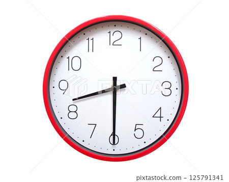 Minimalist red framed wall clock pointing at 08:30 or 20:30. Isolated on white background. Concept of time management. Minimalist red framed wall clock pointing at 08:30 or 20:30. Isolated on white background. Concept of time management. 125791341