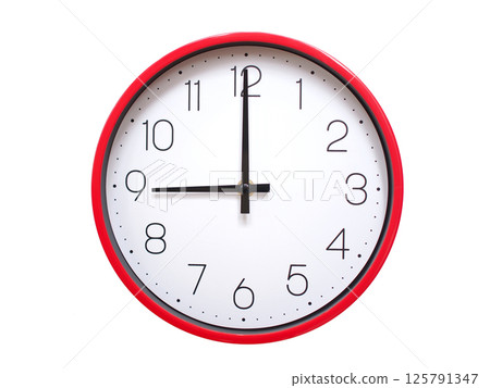 Minimalist red framed wall clock pointing at 09:00 or 21:00. Isolated on white background. Concept of time management. Minimalist red framed wall clock pointing at 09:00 or 21:00. Isolated on white background. Concept of time management. 125791347
