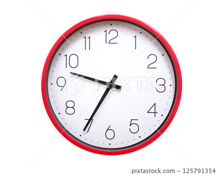 Minimalist red framed wall clock pointing at 09:35 or 21:35. Isolated on white background. Concept of time management. 125791354