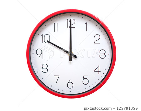 Minimalist red framed wall clock pointing at 10:00 or 22:00. Isolated on white background. Concept of time management. 125791359