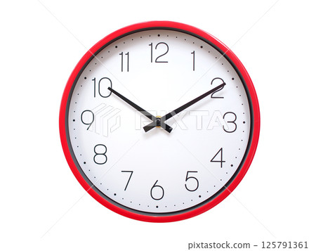 Minimalist red framed wall clock pointing at 10:10 or 22:10. Isolated on white background. Concept of time management. 125791361