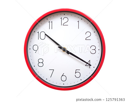 Minimalist red framed wall clock pointing at 10:20 or 22:20. Isolated on white background. Concept of time management. 125791363