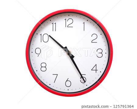 Minimalist red framed wall clock pointing at 10:25 or 22:25. Isolated on white background. Concept of time management. 125791364
