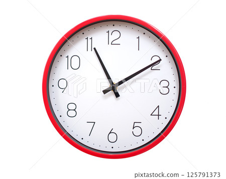 Minimalist red framed wall clock pointing at 11:10 or 23:10. Isolated on white background. Concept of time management. 125791373