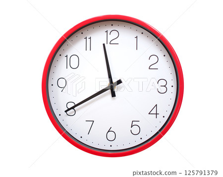 Minimalist red framed wall clock pointing at 11:40 or 23:40. Isolated on white background. Concept of time management. Minimalist red framed wall clock pointing at 11:40 or 23:40. Isolated on white background. Concept of time management. 125791379