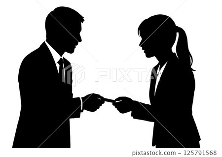 Silhouette of business people exchanging business cards 125791568