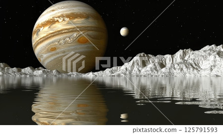 Jupiter And Moon Over Alien Ocean, A Surreal Landscape With Mountains, Water, Planets And Stars 125791593