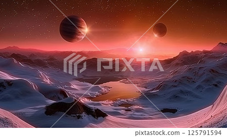 Alien Landscape, Snowy Mountains At Sunset With Two Moons In The Sky, Planet In Space 125791594