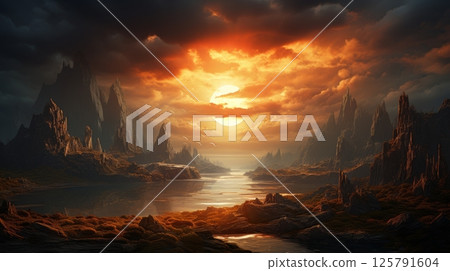 Fiery Sunset over Dramatic Mountain Landscape, River Flowing Through Mountainscape at Twilight 125791604