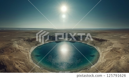Aerial View of Turquoise Crater Lake in Desert Landscape under Bright Sun, Nature Background Aerial View of Turquoise Crater Lake in Desert Landscape under Bright Sun, Nature Background 125791626