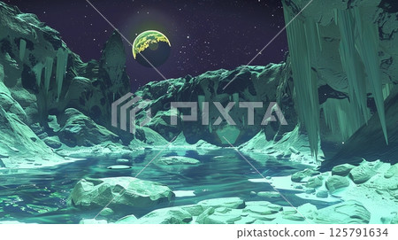 Explore a stunning planetary landscape with crystalline lakes and dual suns illuminating the horizon Explore a stunning planetary landscape with crystalline lakes and dual suns illuminating the horizon 125791634