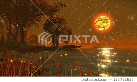 Breathtaking planetary landscape featuring crystalline lakes and dual sunlit horizons 125791635