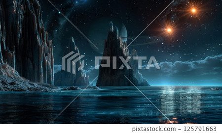 Breathtaking alien landscape with pristine lakes and two sunlit horizons in the sky 125791663