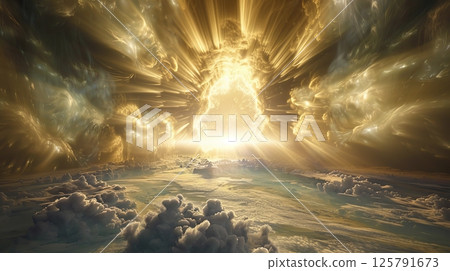 Celestial City of God, Heaven s Gate Opening with Golden Light, Divine Revelation, Spiritual Realm 125791673