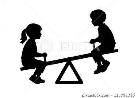 Silhouettes of children playing on a seesaw Silhouettes of children playing on a seesaw 125791780