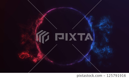 3D glowing sphere with dual-color particles dispersing from center. Sci-fi energy core concept. Ideal for cinematic or tech visuals. 3D glowing sphere with dual-color particles dispersing from center. Sci-fi energy core concept. Ideal for cinematic or tech visuals. 125791916