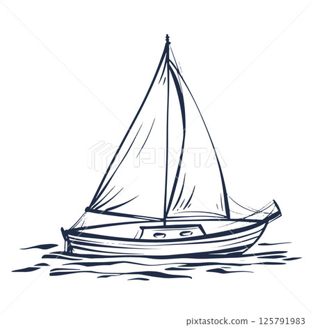 A simple line art illustration of a sailing boat. Features include a mast, sails, and a wave element. Perfect for maritime, nautical, or water-related designs. A simple line art illustration of a sailing boat. Features include a mast, sails, and a wave element. Perfect for maritime, nautical, or water-related designs. 125791983
