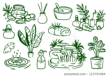Collection of vector icons related to spa, wellness, and aromatherapy. Features symbols of massage, skincare, meditation, and herbal treatments. Ideal for health and beauty design projects. 125791984