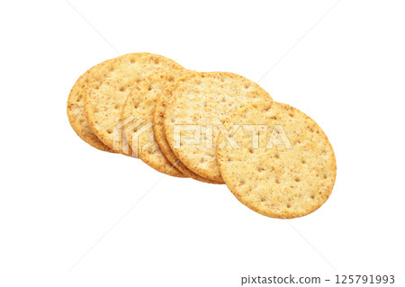 Round cracker isolated on white background , full depth of field Round cracker isolated on white background , full depth of field 125791993