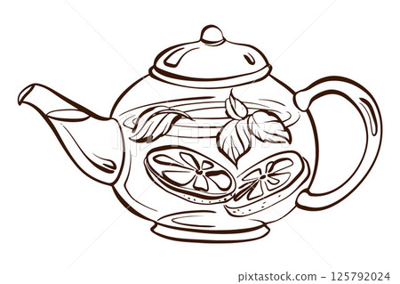 Linear sketch of a single teapot. Transparent contour drawing in doodle style. Suitable for tea labels, cafe menu design, and herbal drink themes. Elements of traditional and organic tea culture. Linear sketch of a single teapot. Transparent contour drawing in doodle style. Suitable for tea labels, cafe menu design, and herbal drink themes. Elements of traditional and organic tea culture. 125792024