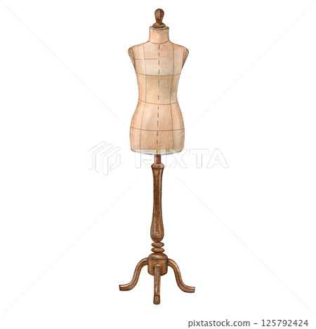 A mannequin made of fabric on a wooden stand in a female form. Watercolor illustration of vintage-style sewing workshop equipment. Reworking things. Suitable for seamstresses, ateliers, blogs. A mannequin made of fabric on a wooden stand in a female form. Watercolor illustration of vintage-style sewing workshop equipment. Reworking things. Suitable for seamstresses, ateliers, blogs. 125792424