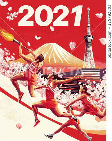 Athletes run in a dynamic torch relay against a backdrop of Mount Fuji and the Tokyo Tower, surrounded by blooming cherry blossoms. The vibrant red design embodies the spirit of the 2021 games. 125792503