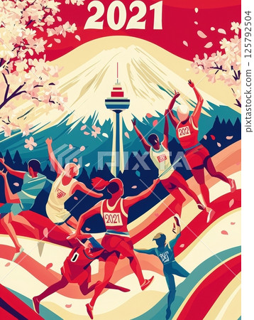 Runners in bright athletic gear celebrate a marathon in a lively atmosphere. Set against a backdrop of majestic mountains and cherry blossoms, the scene captures energy and excitement in 2021. 125792504