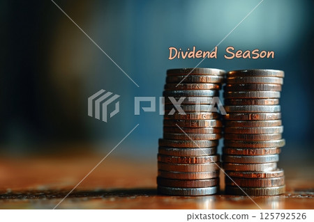 Several stacks of coins are displayed prominently on a wooden surface, symbolizing financial gain and investment growth during the dividend season, with a blurred background enhancing focus. 125792526