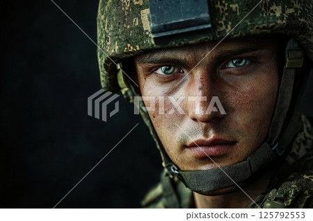 A young soldier with striking blue eyes and a serious expression stares directly at the camera, wearing camouflage gear and a helmet. The lighting emphasizes his focused demeanor. A young soldier with striking blue eyes and a serious expression stares directly at the camera, wearing camouflage gear and a helmet. The lighting emphasizes his focused demeanor. 125792553