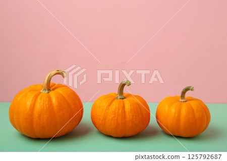 Thanksgiving and Autumn decoration. Mini orange pumpkins on colorful background. 125792687