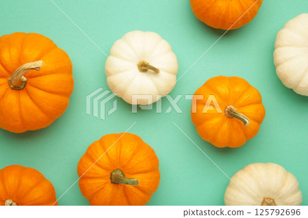 Mini orange and white pumpkins on mint background. Mini orange and white pumpkins on mint background. 125792696