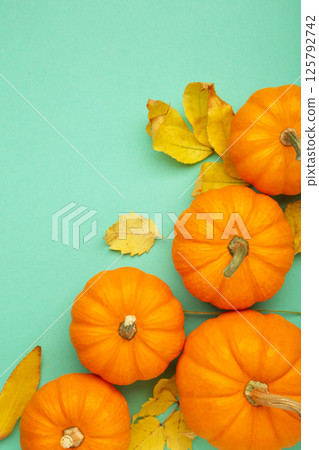 Autumn composition. Orange pumpkin with autumn leaves on mint background. Thanksgiving day. Vertical photo Autumn composition. Orange pumpkin with autumn leaves on mint background. Thanksgiving day. Vertical photo 125792742
